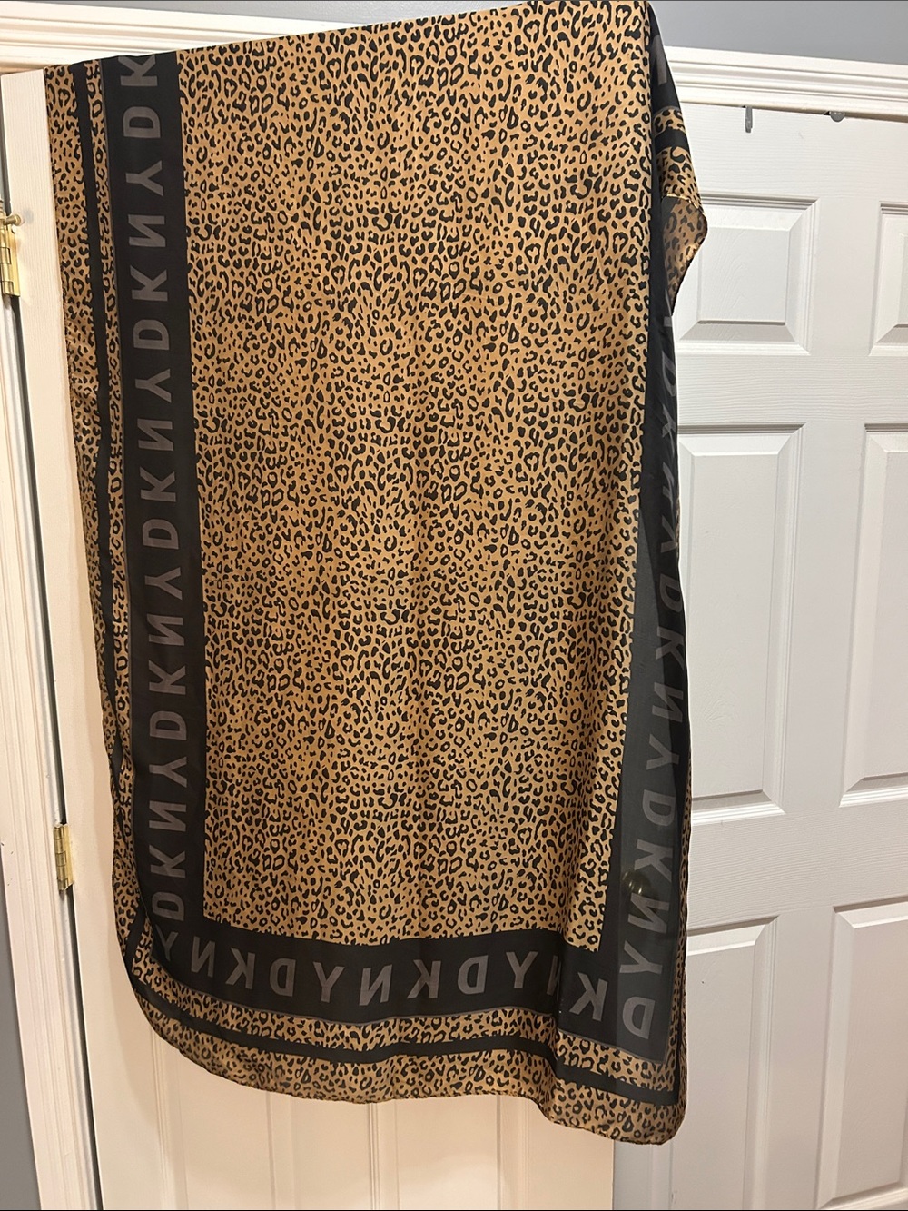 DKNY Leopard Border Scarf in Tan and Black